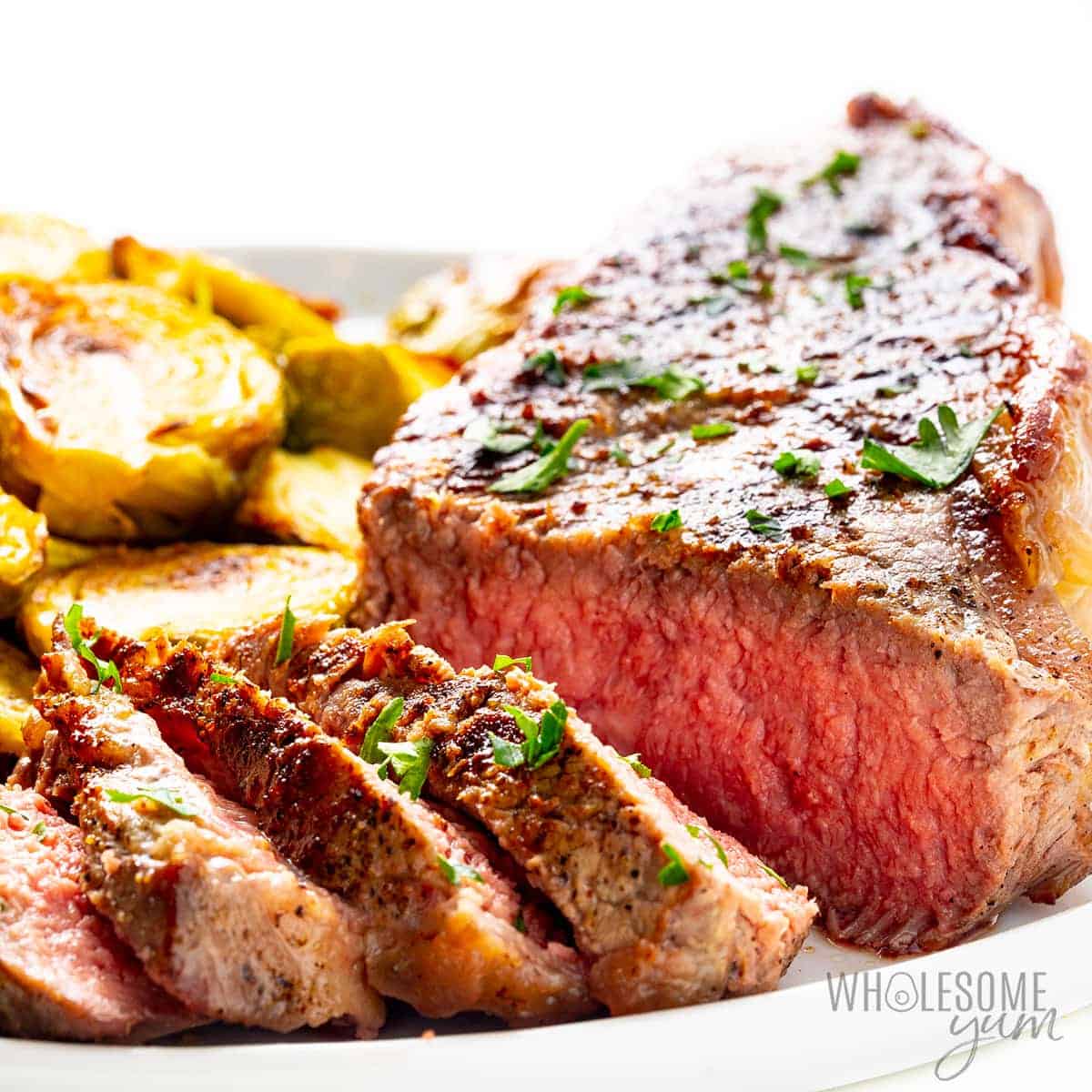 New York strip steak with Brussels sprouts.