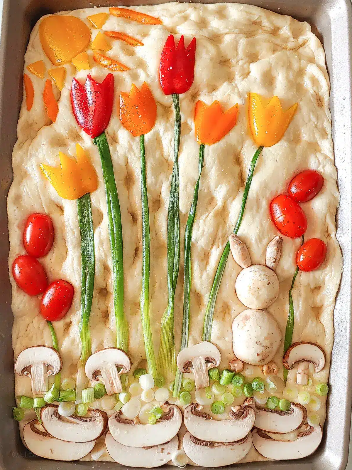 Decorative no knead focaccia bread.