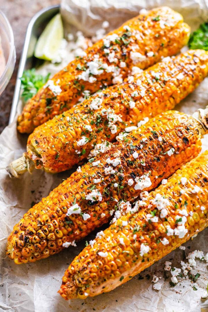 Pan with cajun corn on the cob.