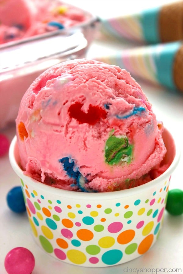 Pink bubblegum ice cream in a polka dot bowl.