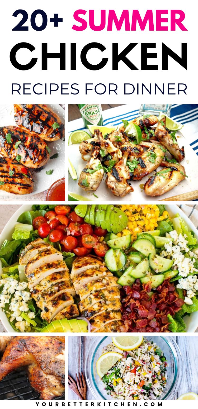 Pin image that reads, "20+ Summer Chicken Recipes For Dinner."