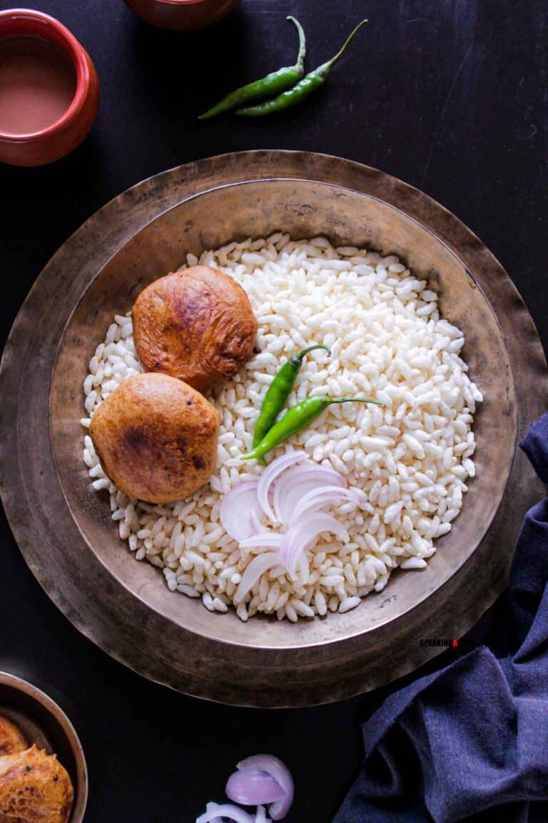 Potato fritters with puffed rice in a bowl.