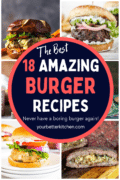 Pin image showing various burger recipes.