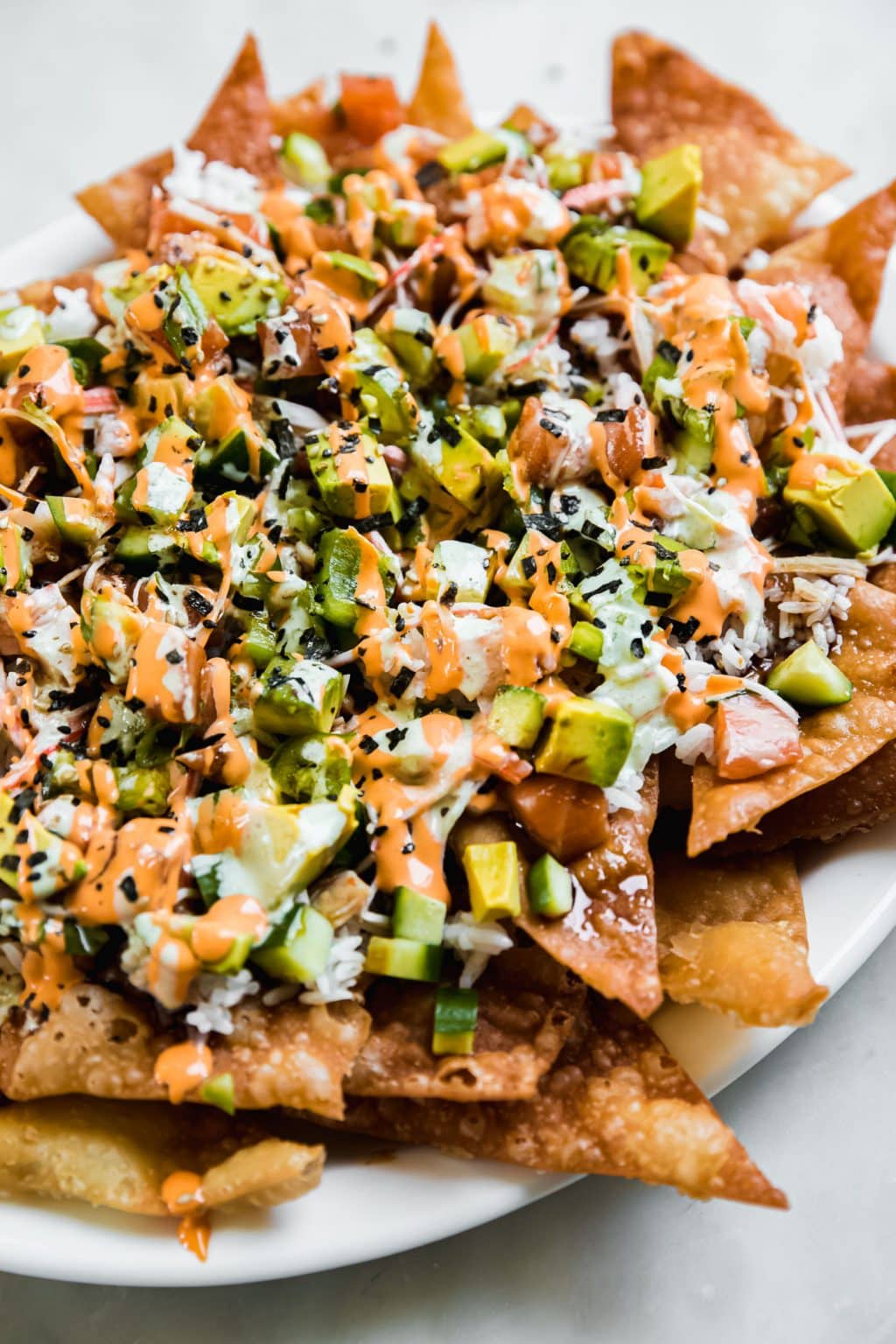 Up close image showing California sushi nachos.