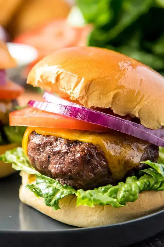 Close up of juicy grilled hamburger.