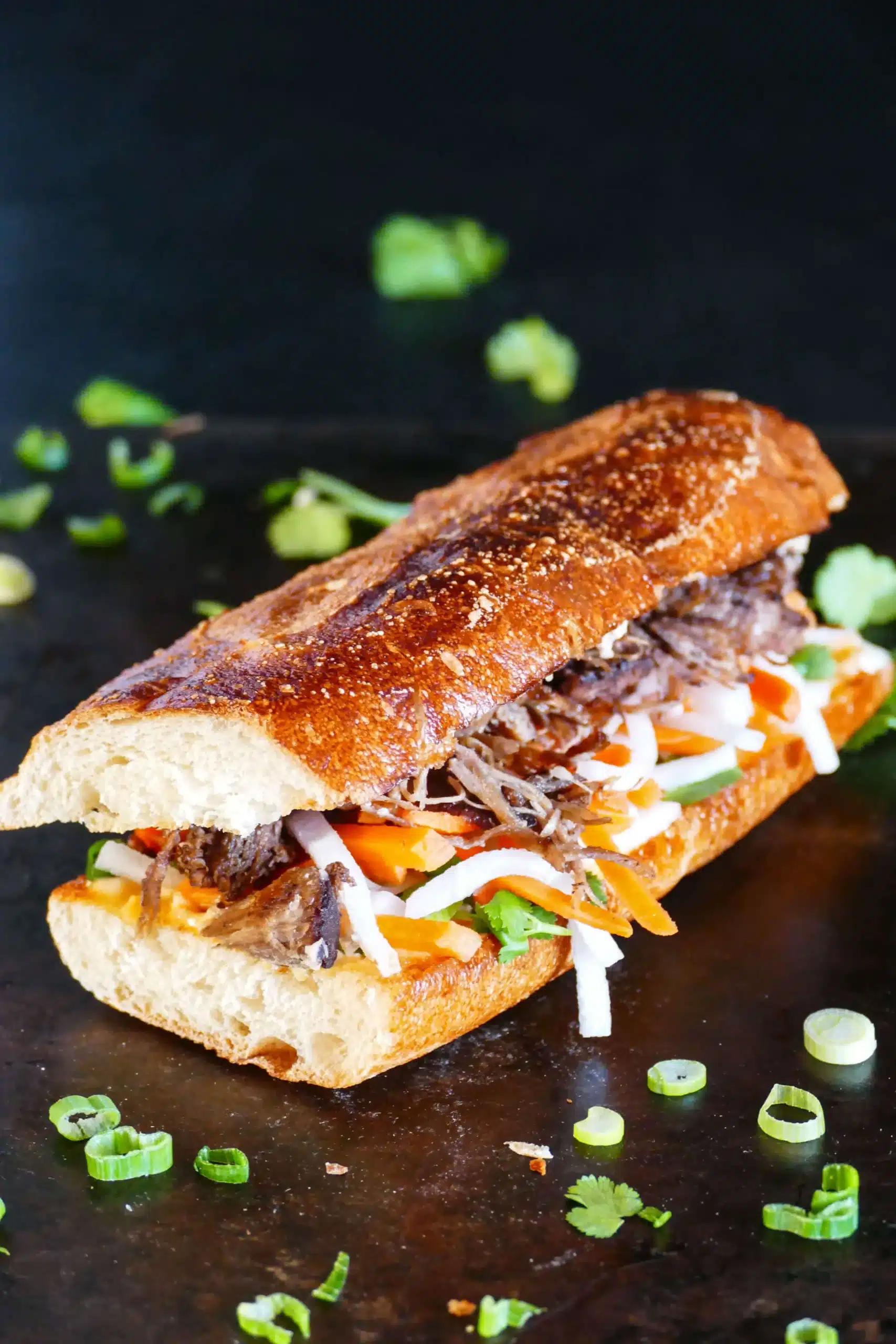 Banh mi sandwich on a dark background.