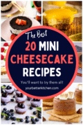 Pin image showing various mini cheesecake desserts.