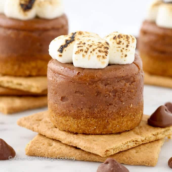 Mini s'mores cheesecake with toasted marshmallows and ingredients.