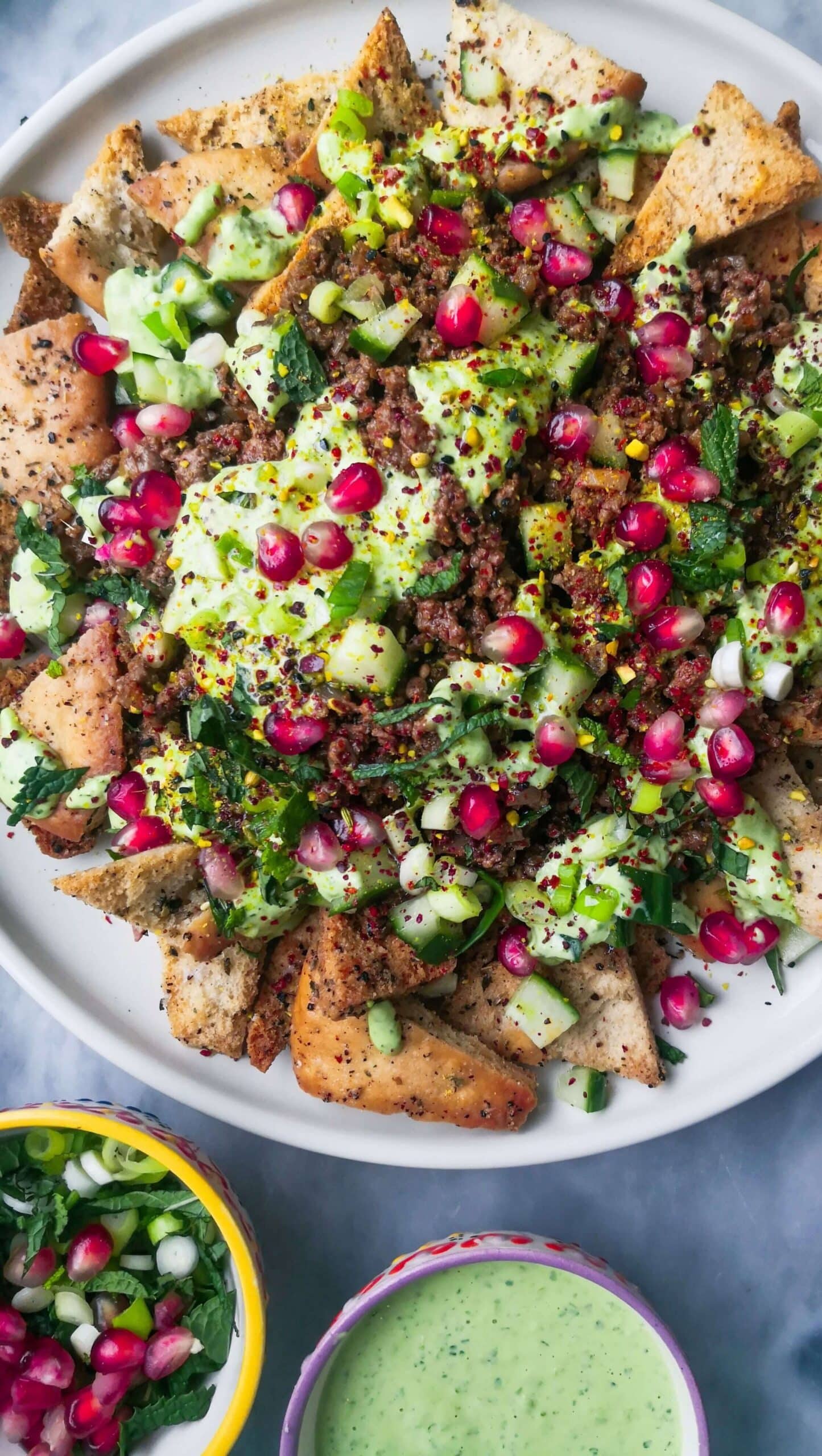 Up close image of Middle Eastern style nachos.