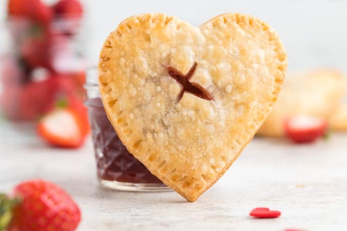 Heart shaped strawberry cream cheese hand pies.