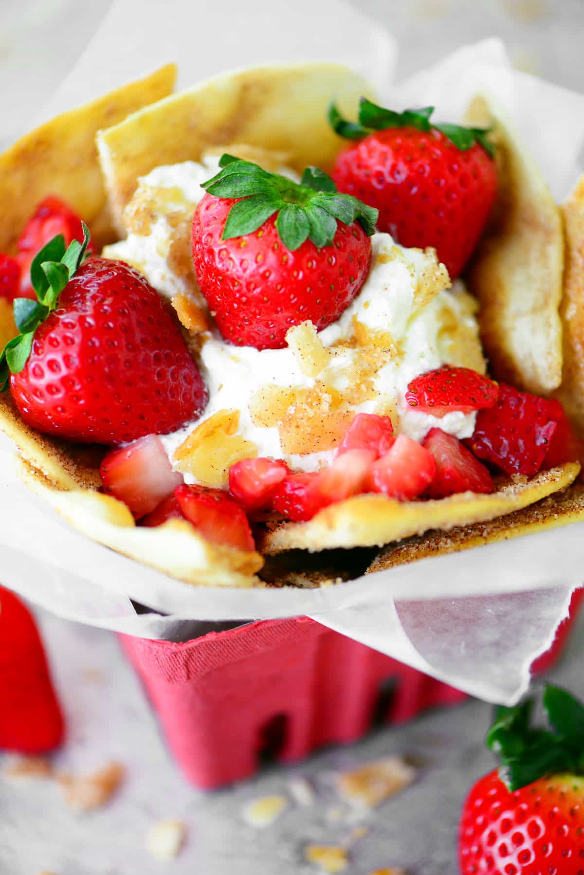 Strawberry nachos with cinnamon tortilla chips.