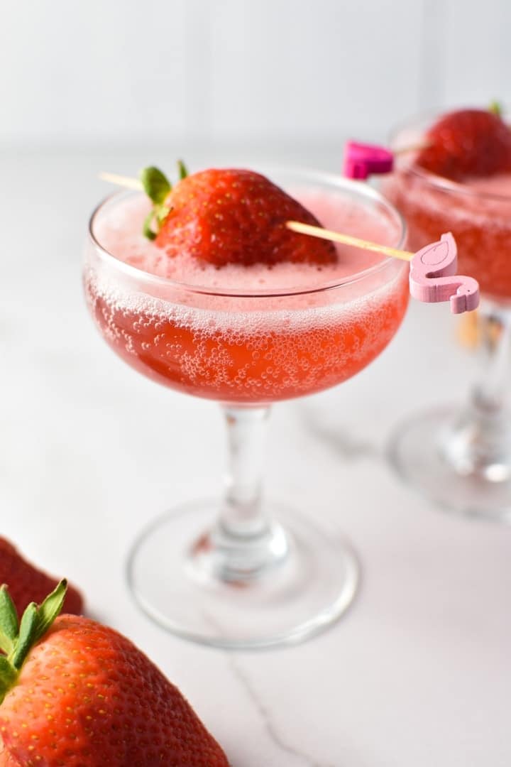 Strawberry mocktail spritzer in a glass.