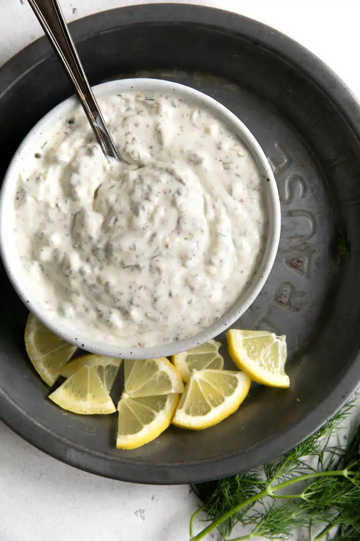 Image of tartar sauce in a white bowl.