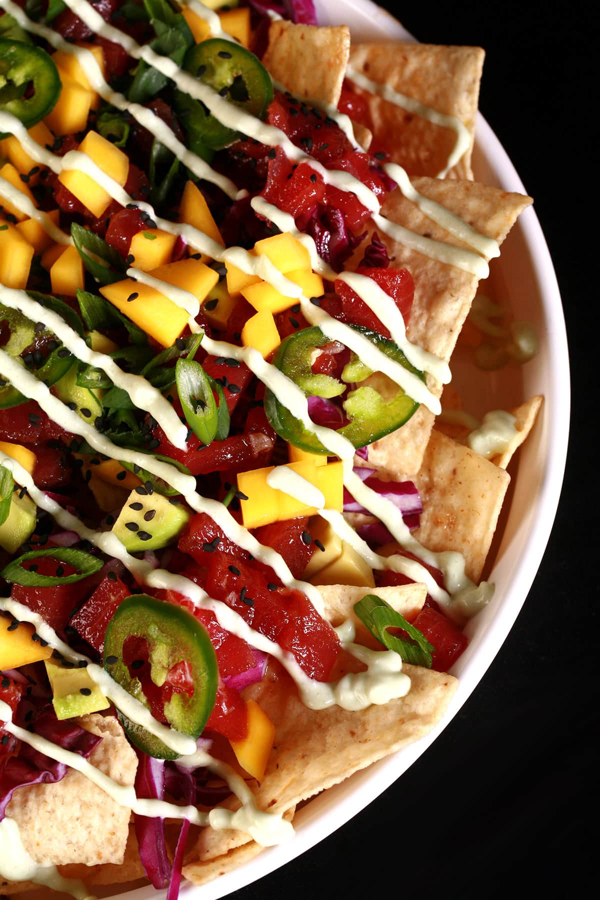 Bowl full of ahi tuna nachos.