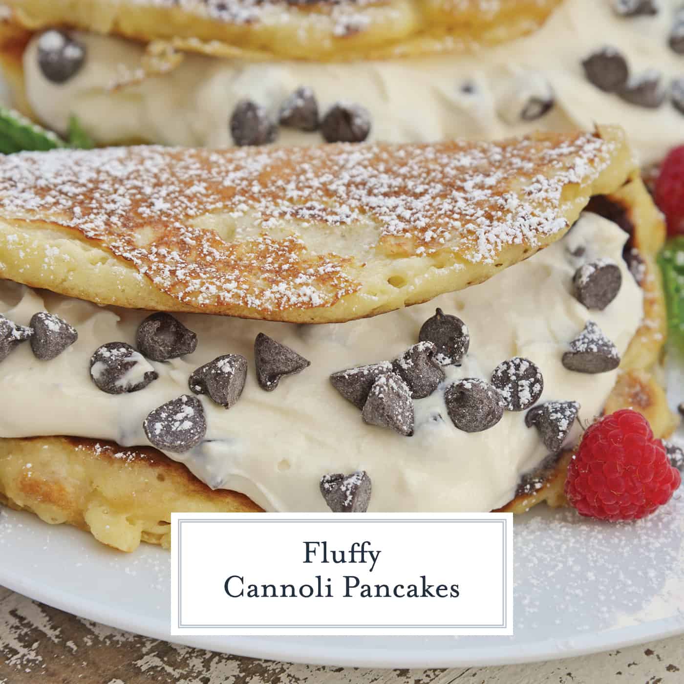 Pancakes stuffed with cream and mini chocolate chips.