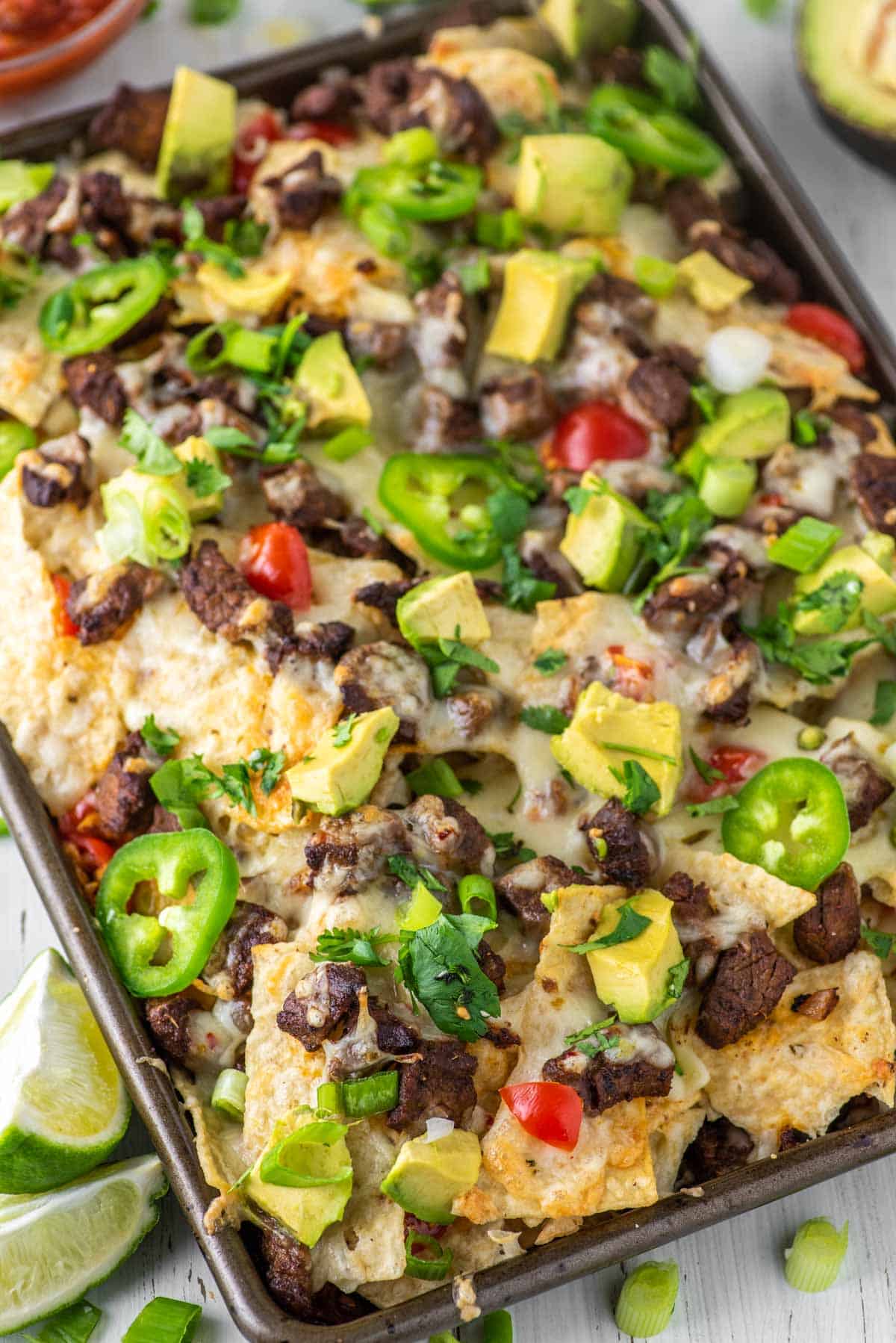 Sheet pan carne asada nachos.