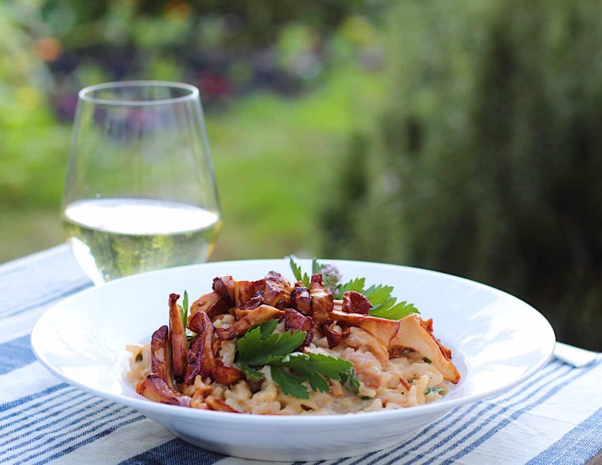 Chanterelle mushroom risotto on a plate with a glass of white wine.