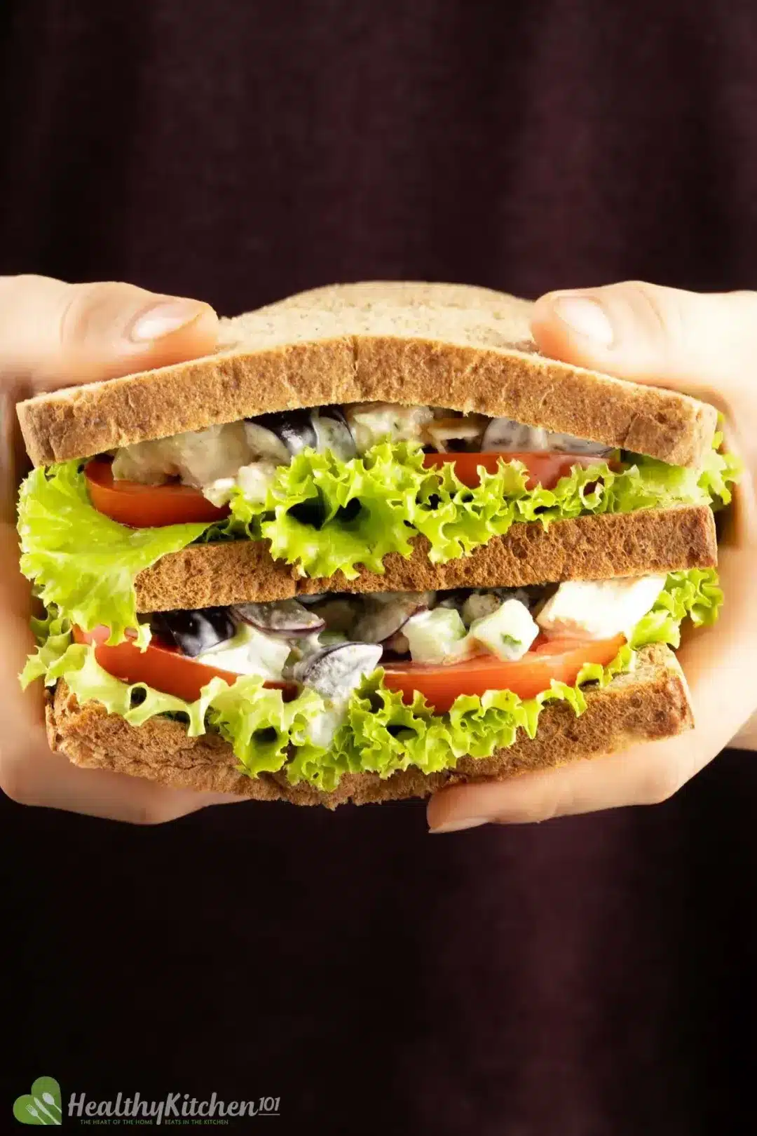 Hands holding chicken salad sandwich.
