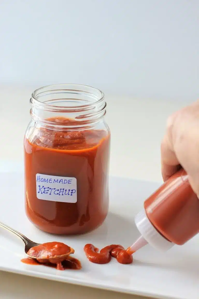 Hand squeezing bottle with homemade ketchup.