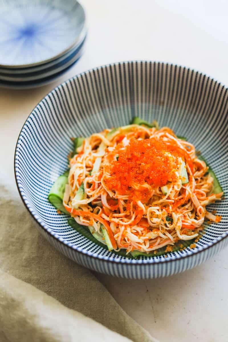 Spicy kani salad in a bowl.