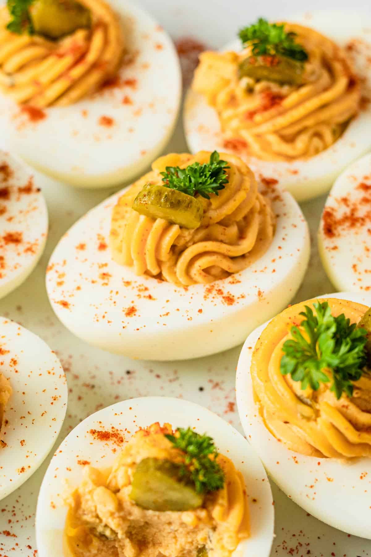 Million dollar deviled eggs up close.