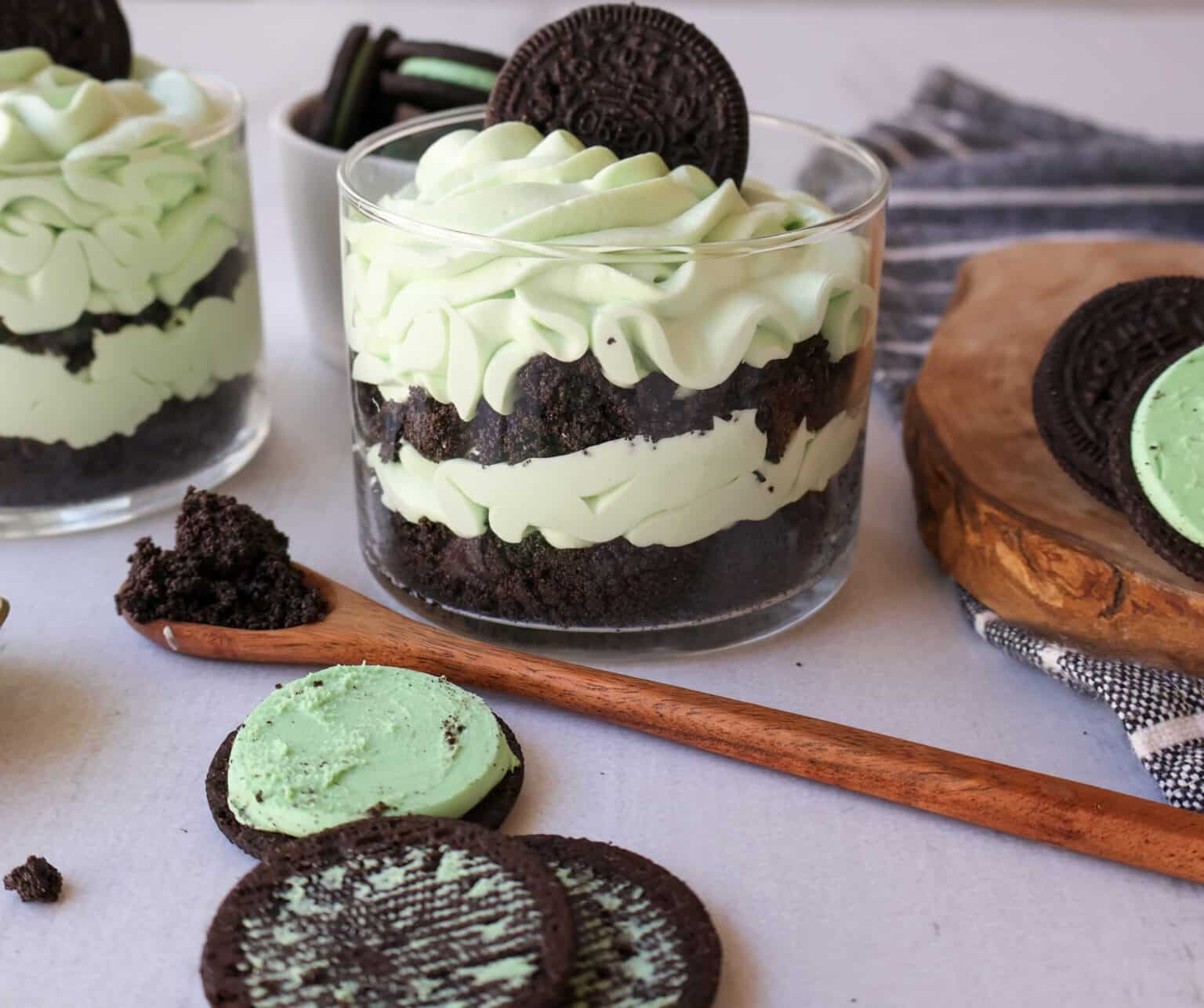 Layered mint Oreo cheesecake dessert.