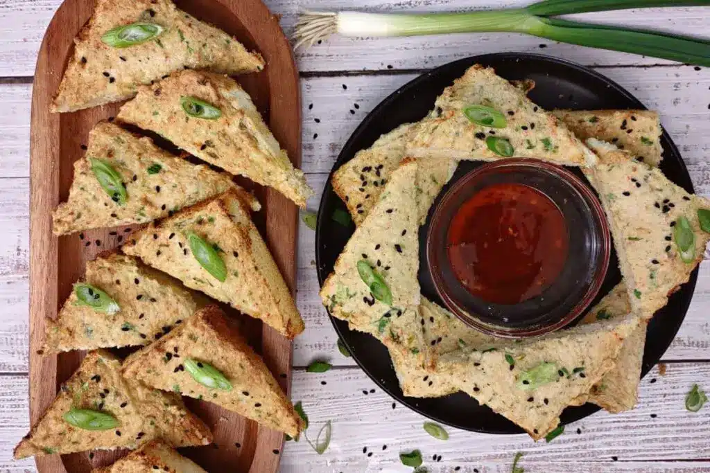 Toast appetizer with shrimp and crab spread.