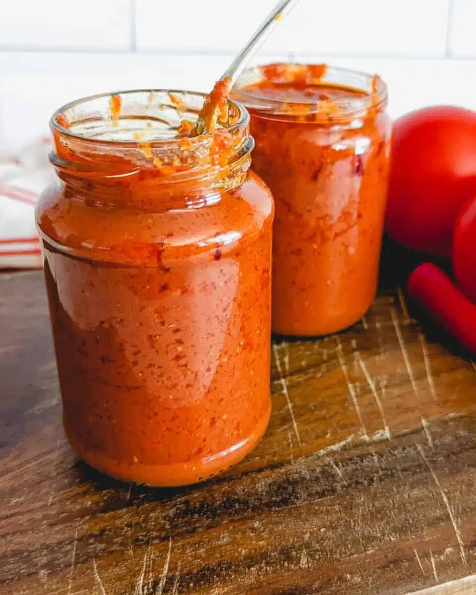 Two mason jars filled with pili pili sauce.