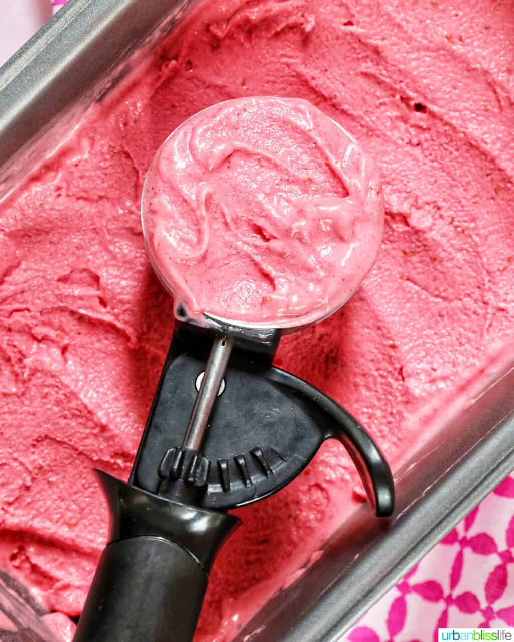 Ice cream scoop full of raspberry sherbet.