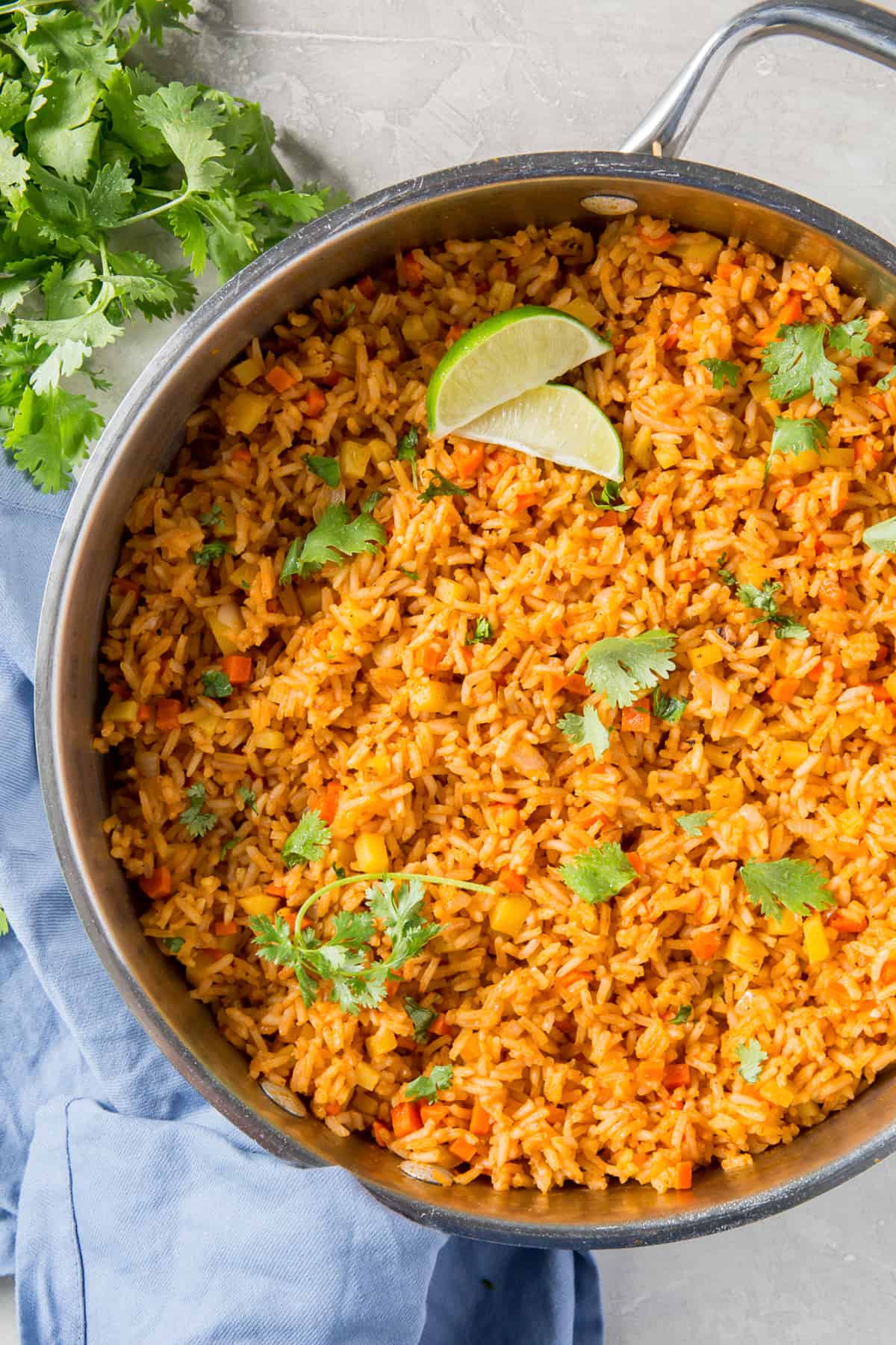 Orange Mexican rice in a pot.
