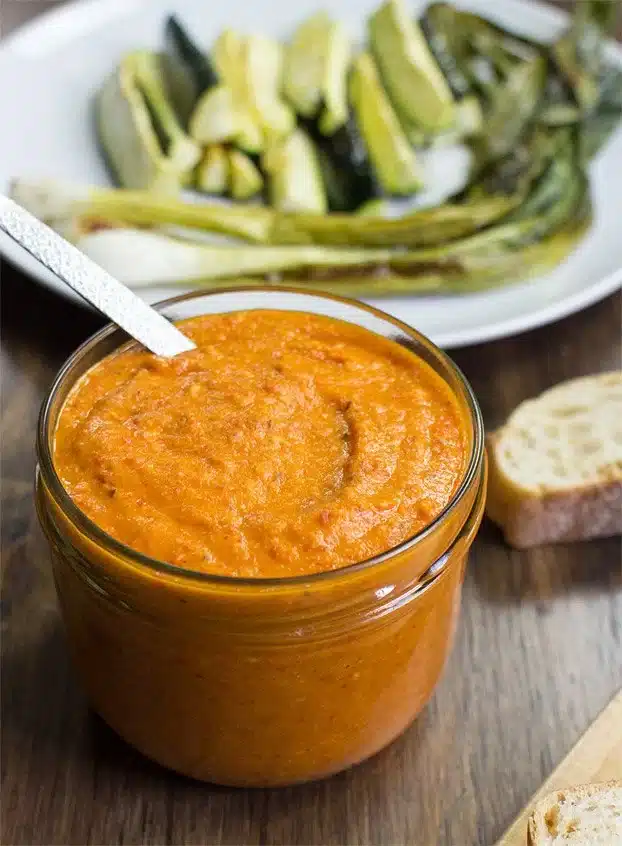 Romesco sauce in a mason jar.