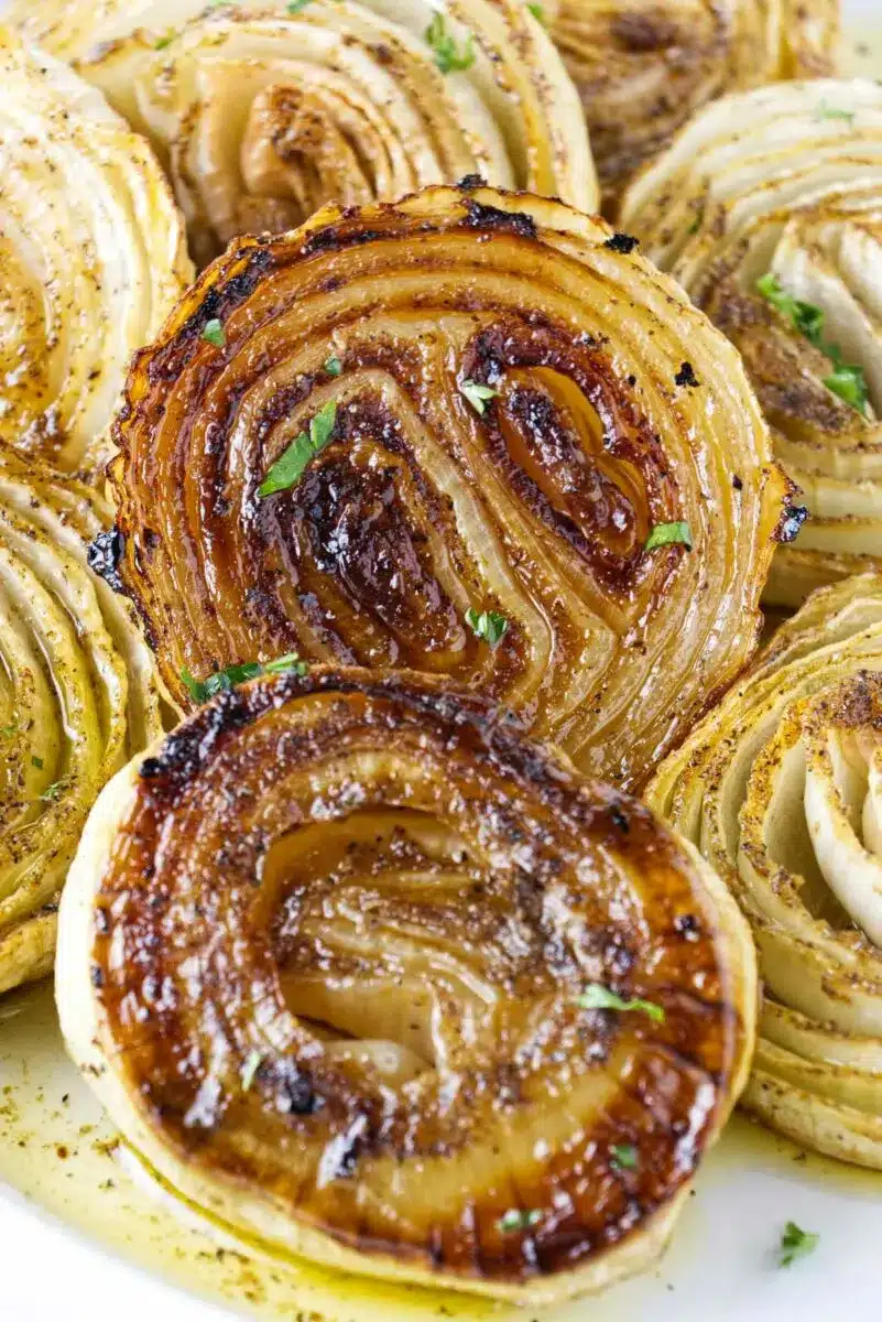 Close up of smoked onions.