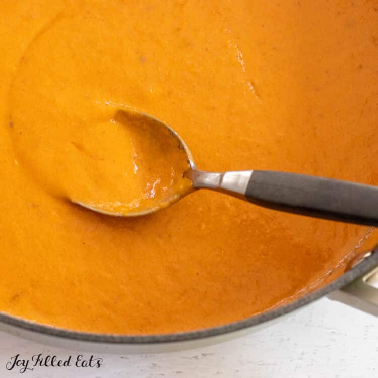 Tomato mascarpone sauce in a pan.