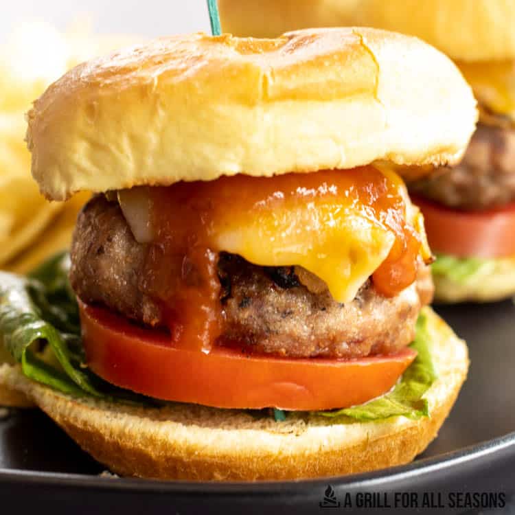 Wild boar burger with cheese, tomato, and lettuce on a bun.