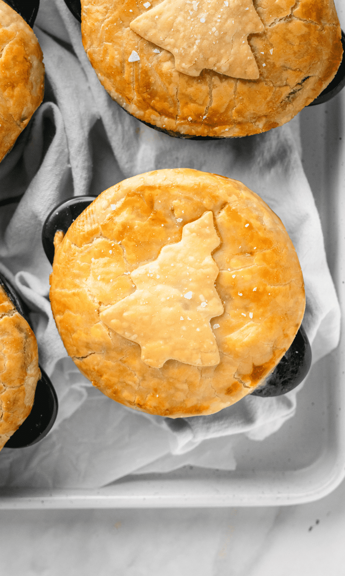 Dutch oven chicken pot pies with decorative pie crust toppings.