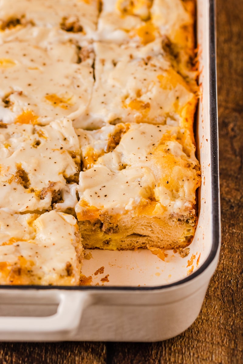 Biscuits and gravy breakfast casserole in a baking tray.