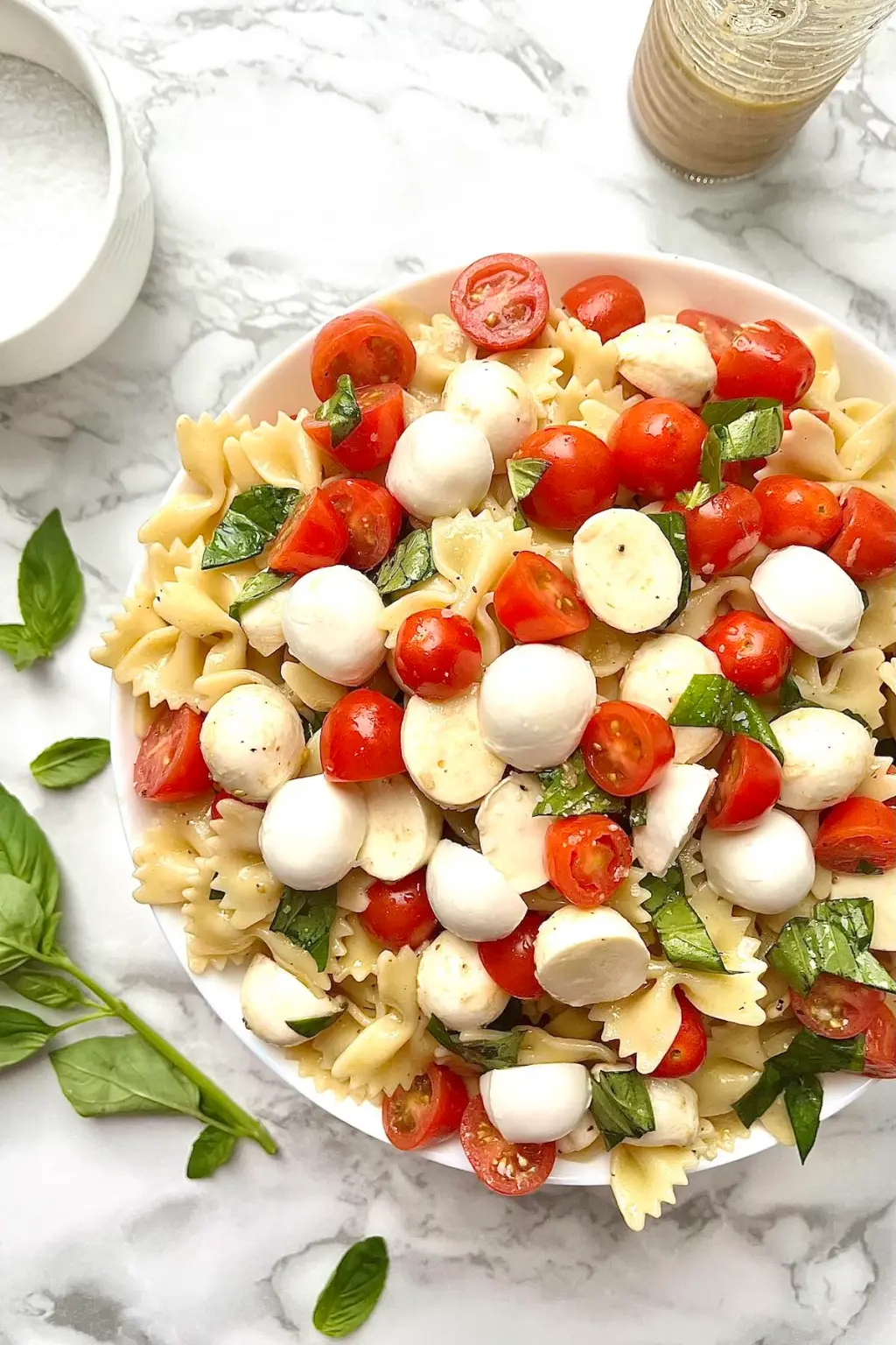 Red, white, and green Caprese salad on a white plate.