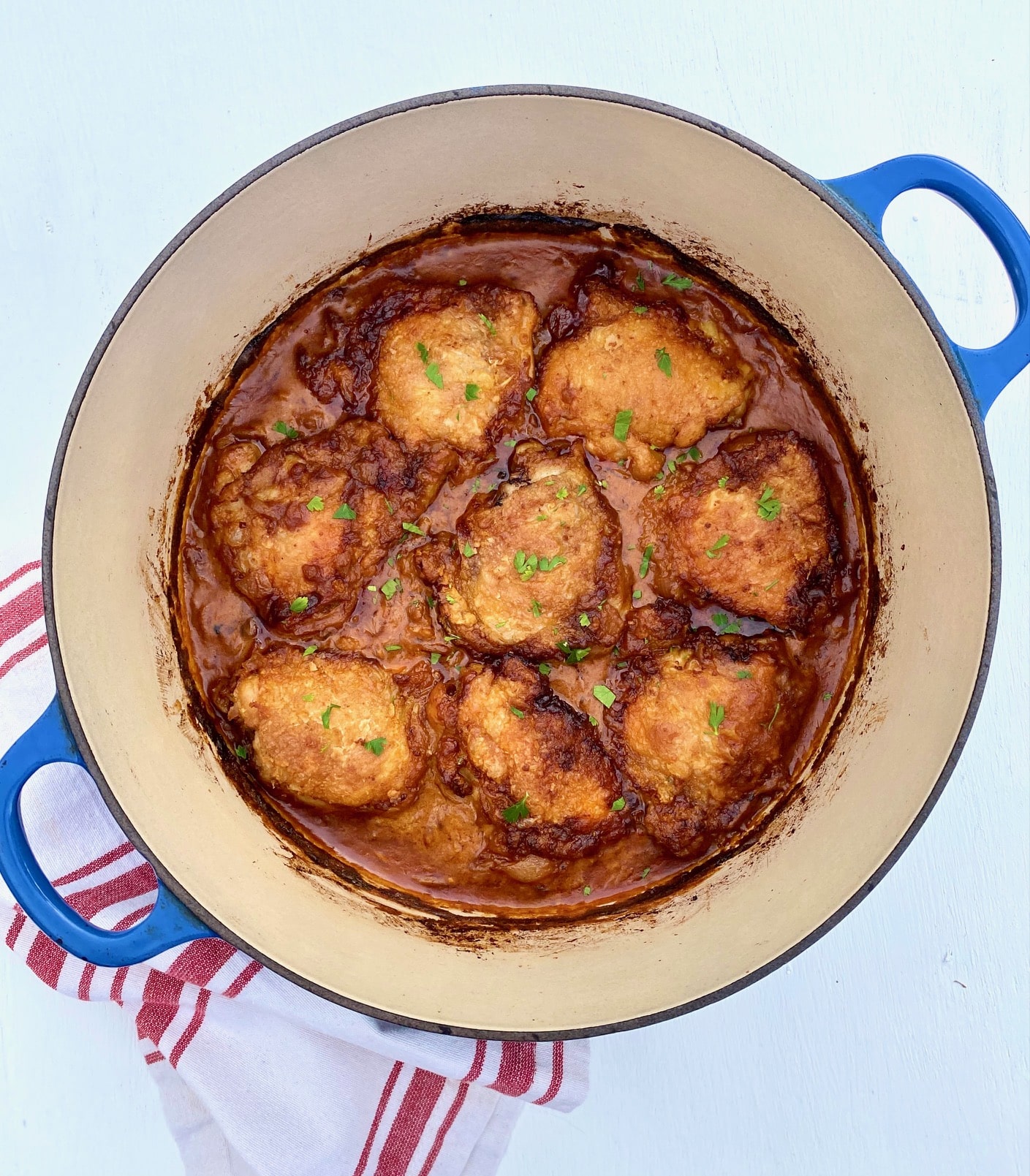 Chicken paprikash in a Dutch oven.