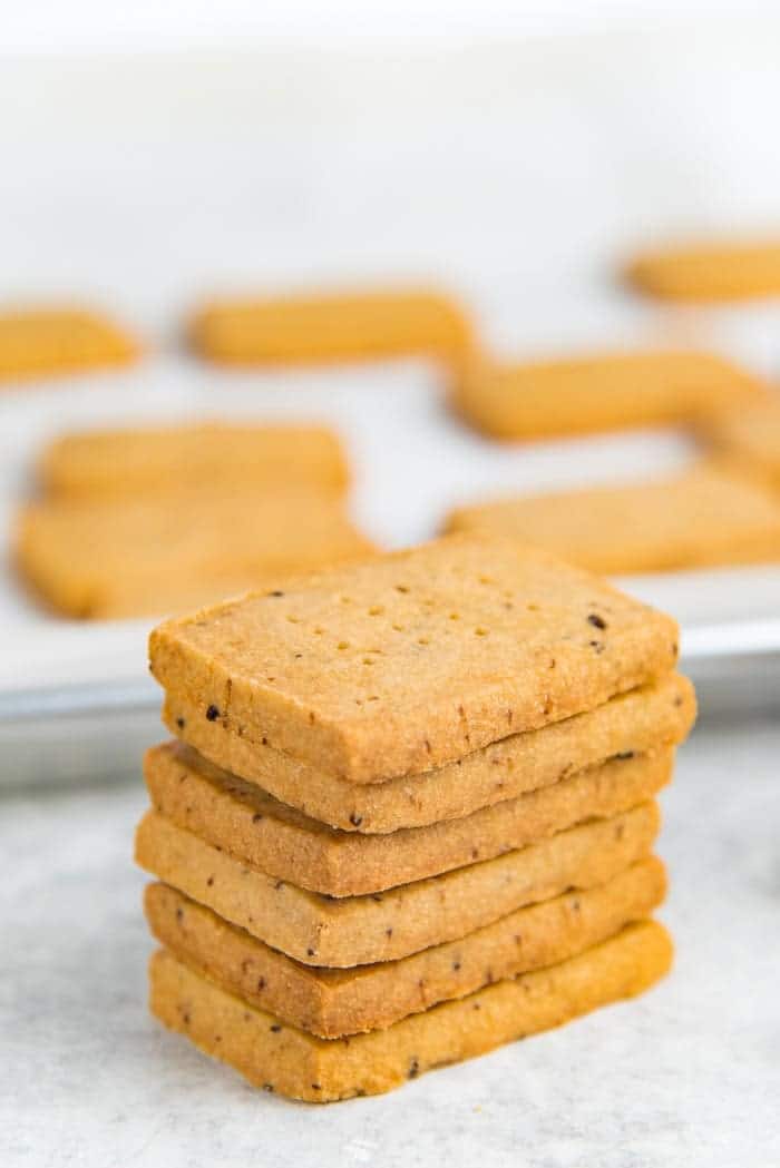 Stack of buttery espresso shortbread cookies.