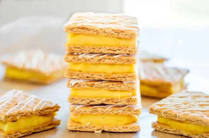 Stack of graham cracker ice cream sandwiches.