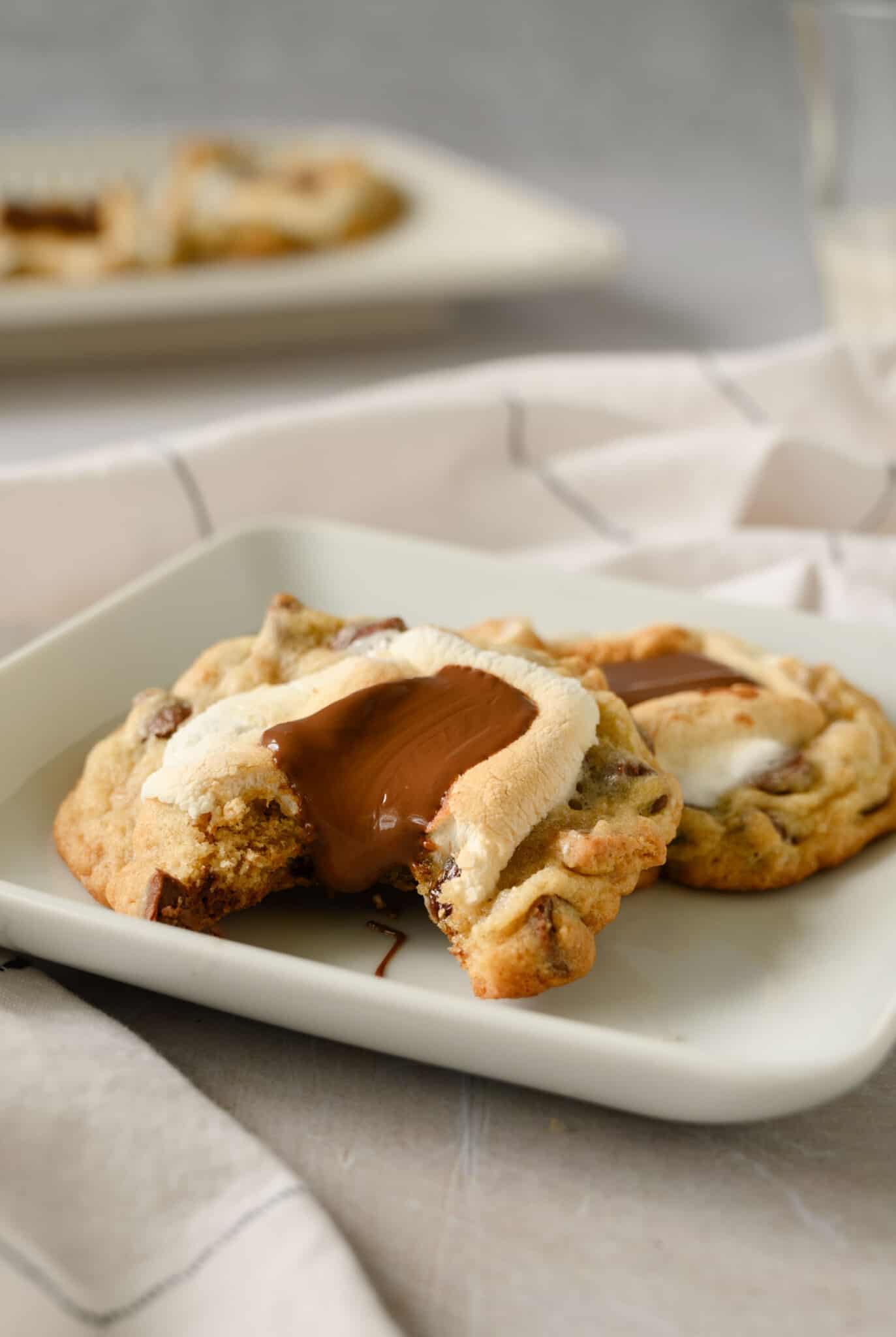 S'mores cookies on a square plate.