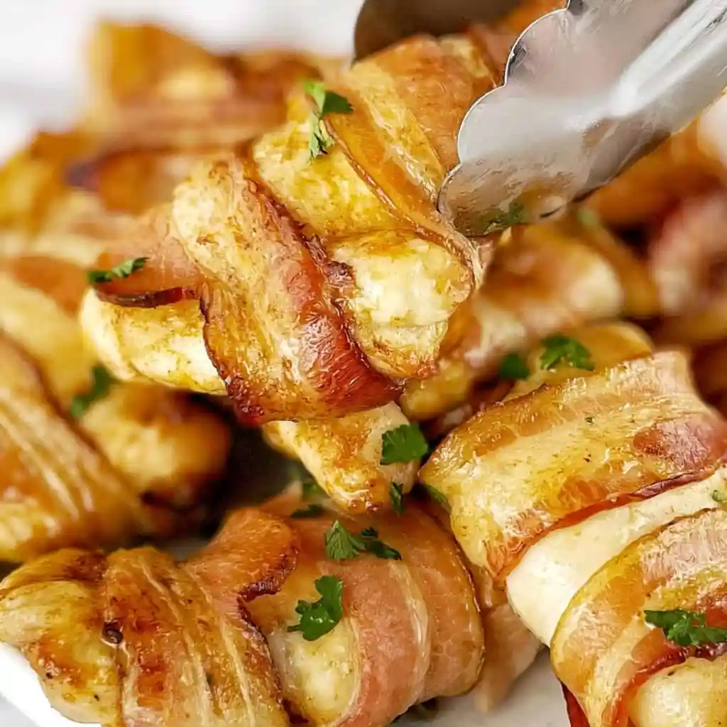 Close up shot of bacon-wrapped chicken thighs.