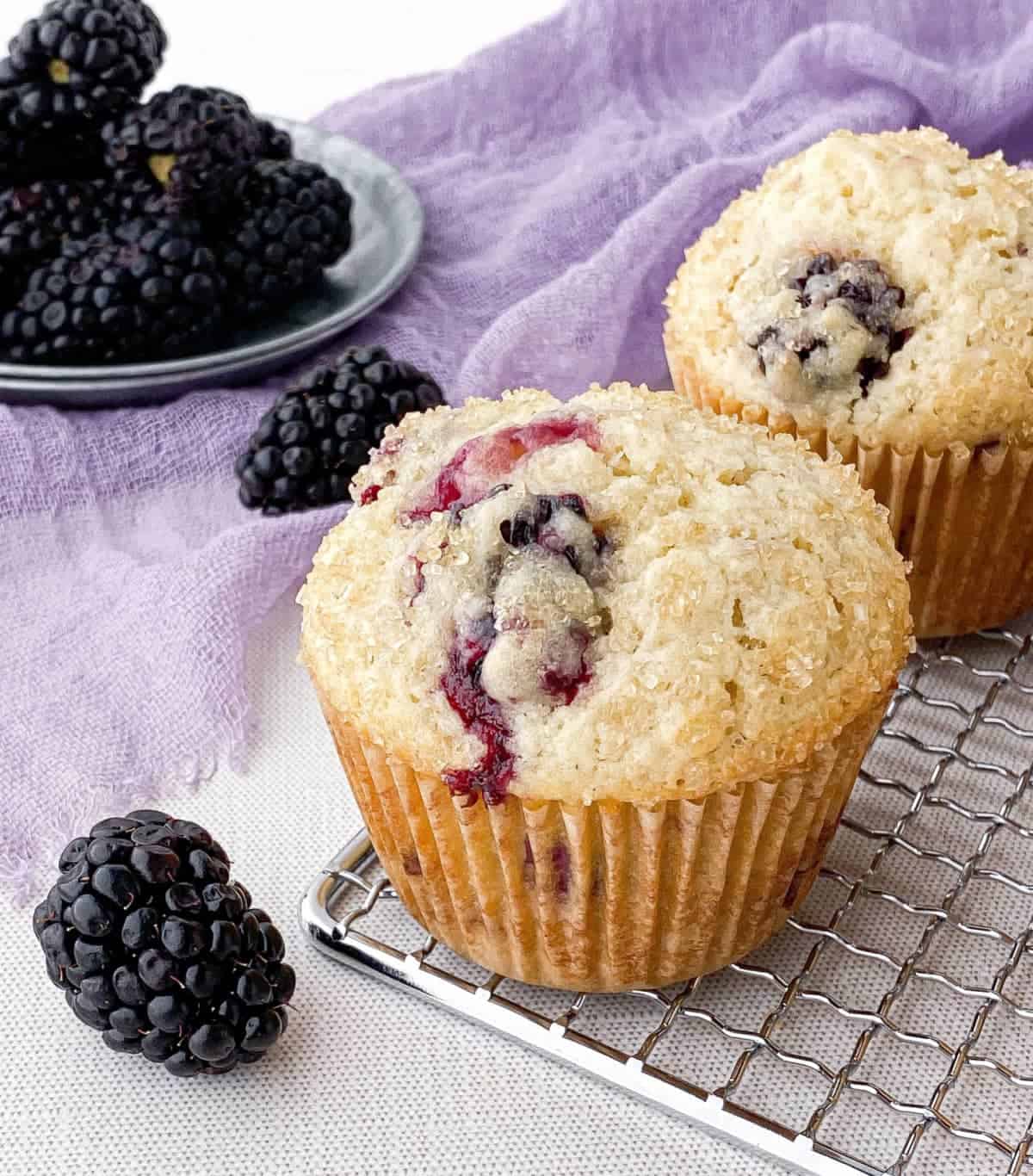 Blackberry buttermilk muffins on a cooling rack with berries surrounding it.