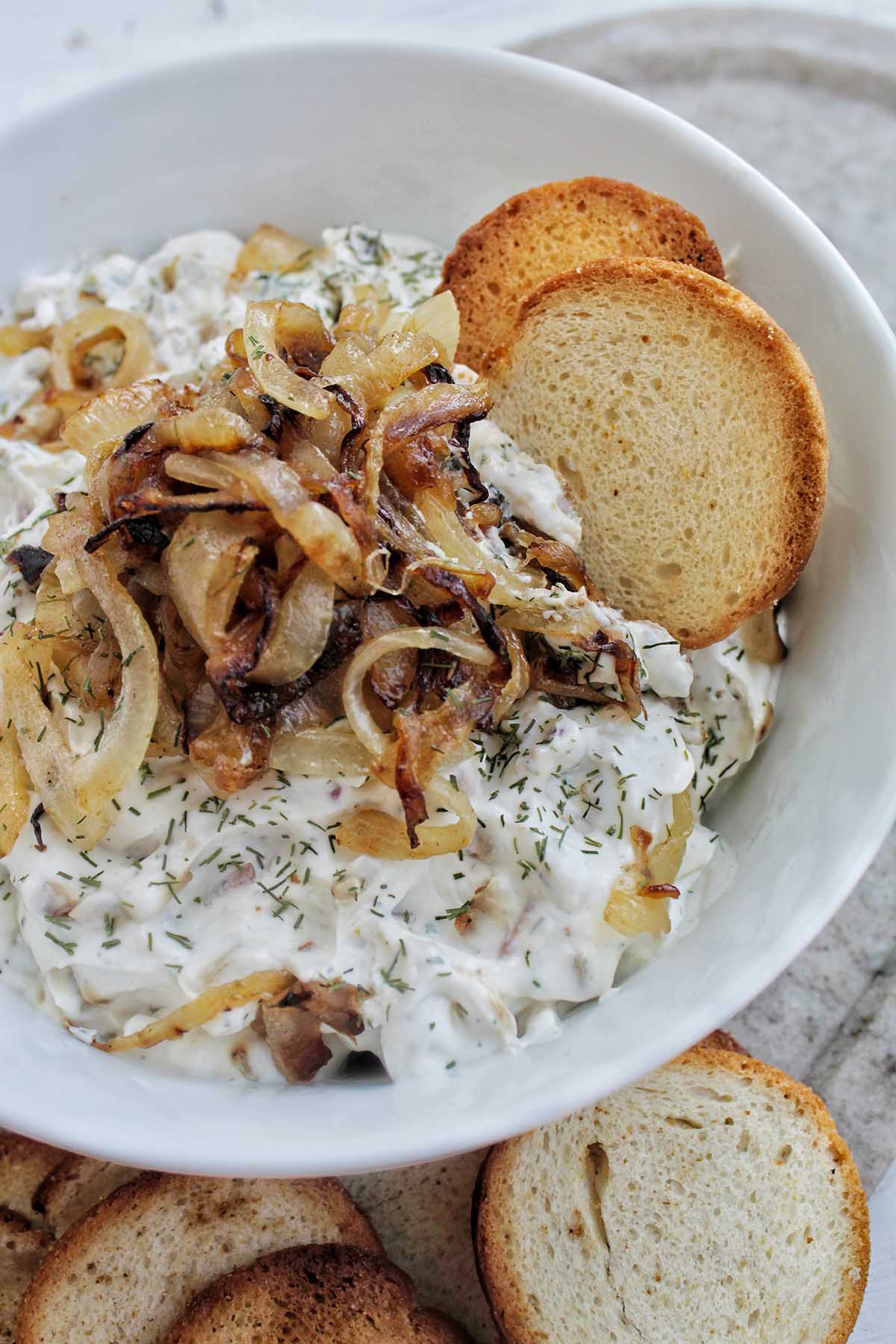 Caramelized onion and bacon dip with Greek yogurt with toast.