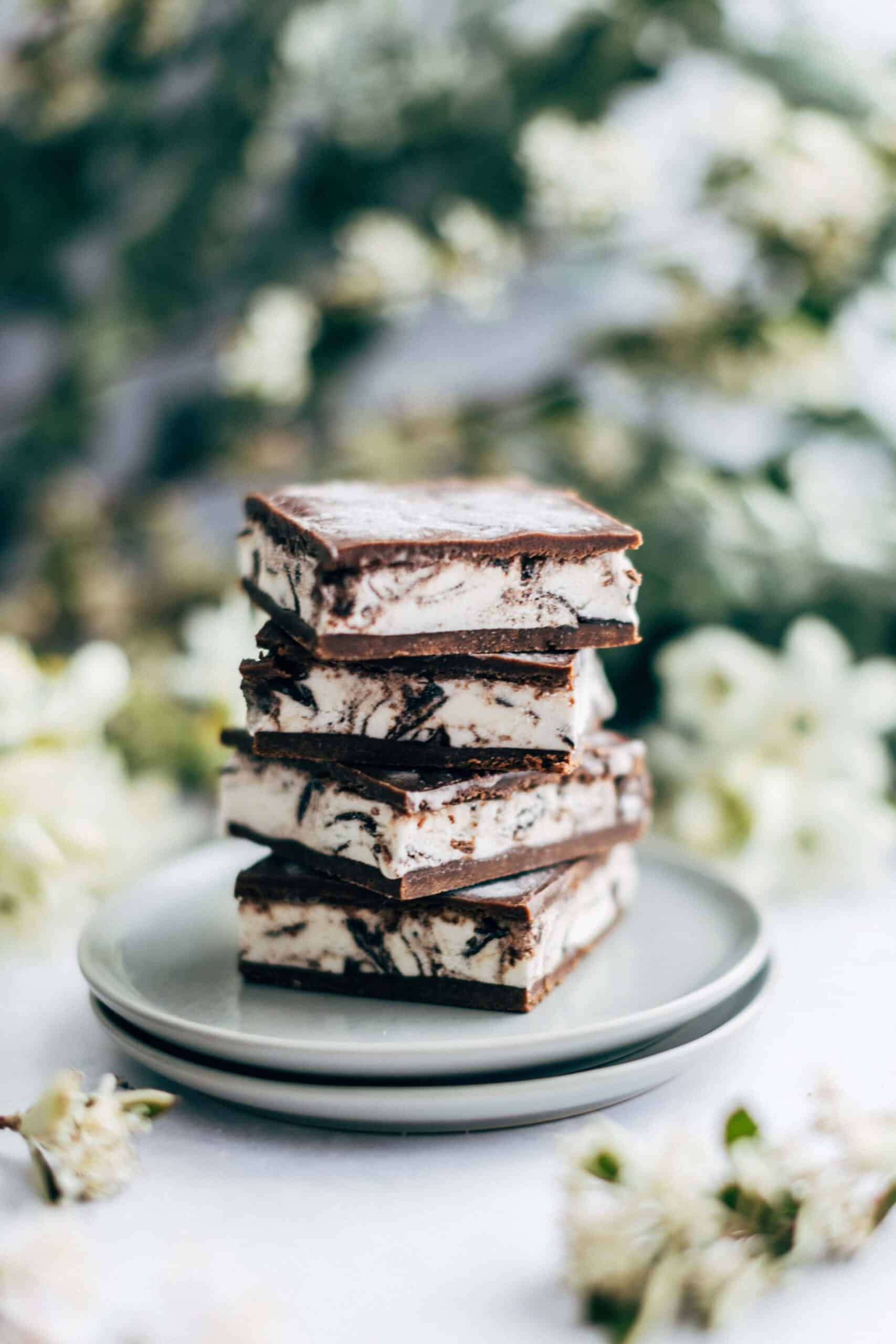 Stack of homemade ice cream sandwiches on a plate.