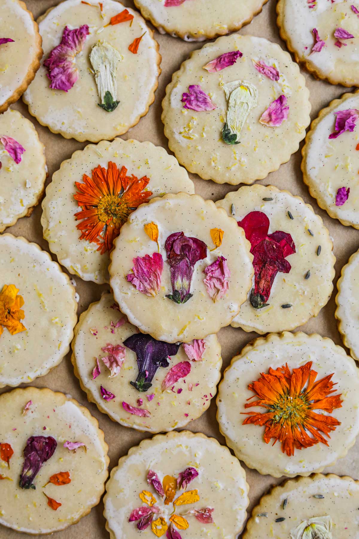 Colorful edible flower shortbread cookies.