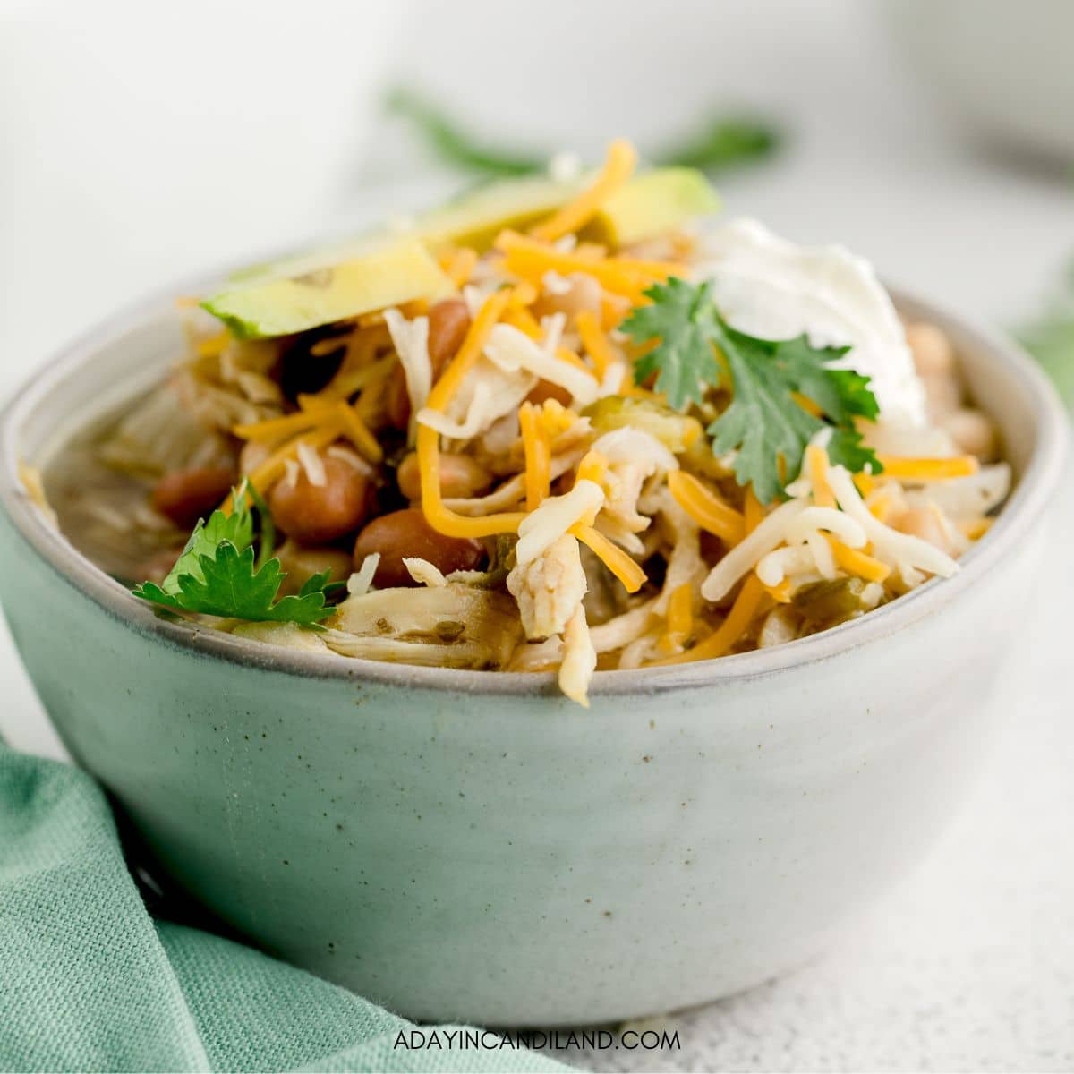 Mexican chicken white chili in a bowl.