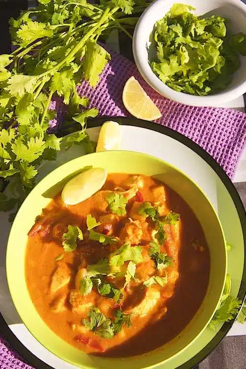 Multi colored bowl full of mango chicken curry with lime wedges and cilantro around it.