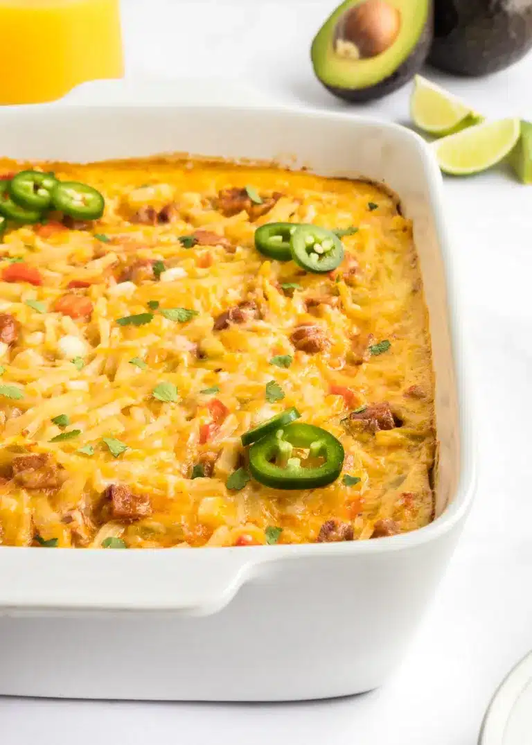 Southwest breakfast casserole in a white baking dish.