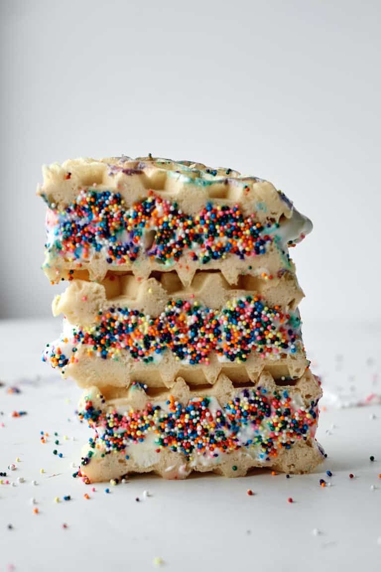Stack of waffle ice cream sandwiches.